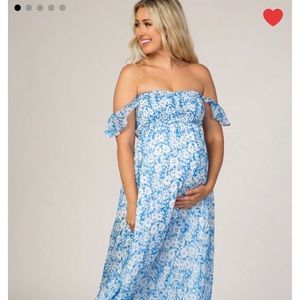 Blue floral flutter sleeve maternity maxi dress